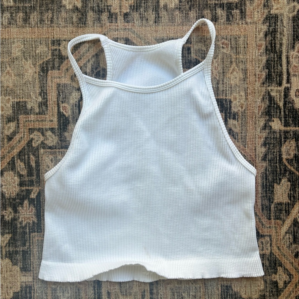 Women’s White Ribbed Cropped High-Neck Tank Top